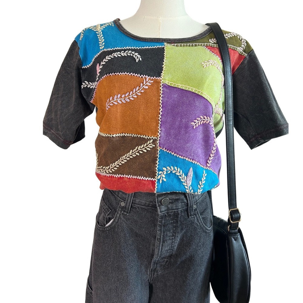 y2k Patchwork Embroidered top colorful tee granola‎ cottagecore boho